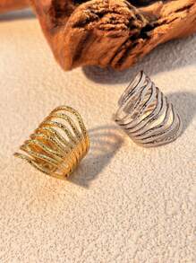 1pc Minimalist 18K Gold Plated Stainless Steel Striped Hollow Design Adjustable Open Ring, Tarnish Resistant, Couple Accessory, Gift For Valentine's Day Valentines