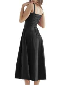 Women Summer Dress Solid Color Sleeveless Bandage Party A-Line Dress For Cocktail Nightclub Beach - 黑色 - 查看 8
