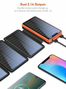 太阳能移动电源 26800mAh，Elzle 太阳能充电器，带 2 个 USB-A 输出和 1 个 USB-C 输入，户外防水外置电池，带 4 个太阳能电池板和手电筒，适用于智能手机平板电脑露营太阳能发电机扩展电池组循环充电站，适用于户外露营房车旅行和家庭使用应急备用移动电源 - 橘色 - 查看 1