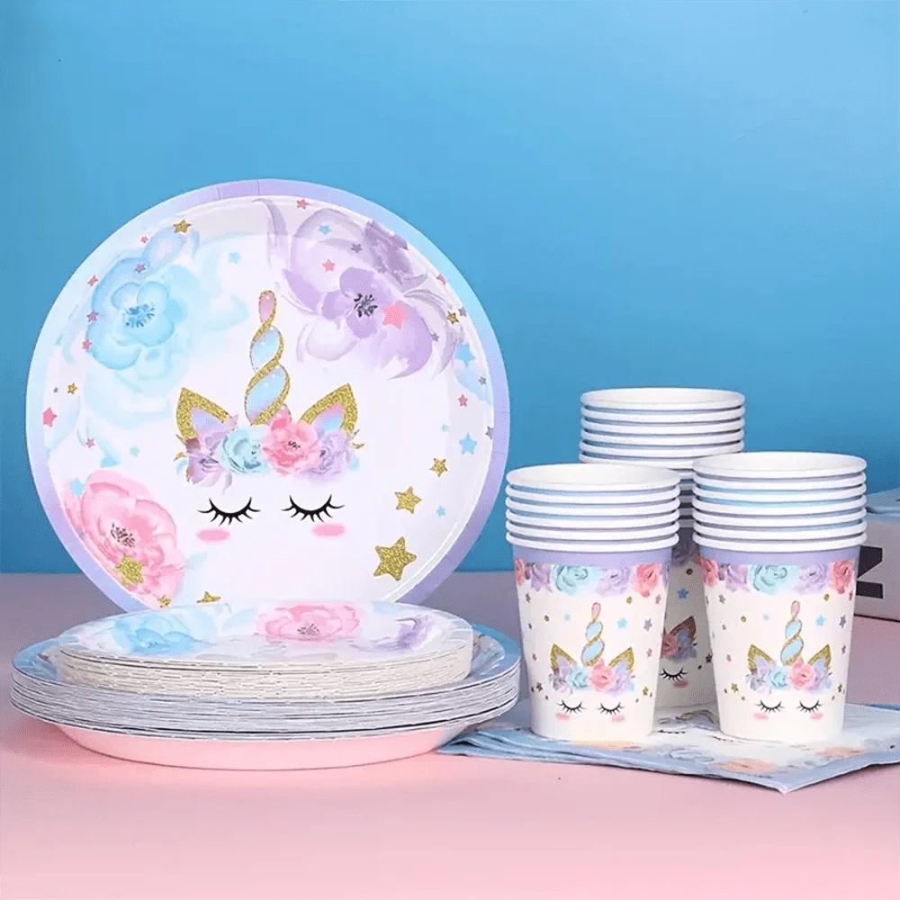 10 件套独角兽派对用品套装 7/9 英寸紫色花朵独角兽和花朵图案一次性纸盘、独角兽生日派对纸巾、纸杯、独角兽盘子派对用品适用于春季茶会新娘送礼会装饰 - 彩色 - 查看 1