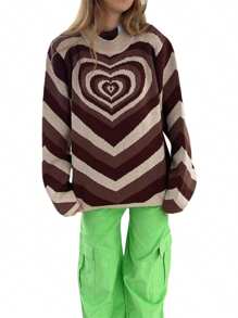 Women Love Heart Print Sweater, Long Sleeve O-neck Knitted Pullover for Autumn, Winter - Marrón - Ver 1