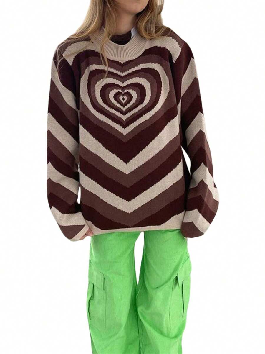 Women Love Heart Print Sweater, Long Sleeve O-neck Knitted Pullover for Autumn, Winter - Marrón - Ver 1