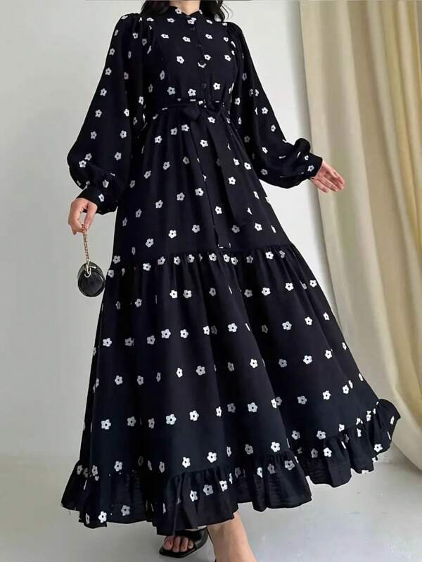 Vestido casual de manga larga con estampado floral de todo el vestido y cordón ajustable, de uso modesto