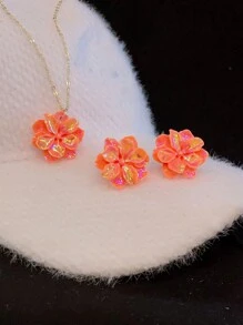 1set Colorful Faux Pearl Luster Flower Earrings Necklace Set, Elegant And High-Class Jewelry Suitable For Daily Wear For Women Valentines,Mom,Mother,Mother's Day,Gift - Pearlescent Flower Set - View 18