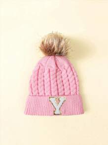 1pc Children Letter Pattern Winter Brimless Knit Beanie Hat - Pink - View 29