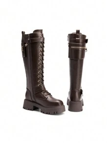 Women's Combat Riding Platform Knee High Boots, Lace Up Fall Lug Sole Gothic Motorcycle Boots With Inside Zipper - màu nâu - Xem 5