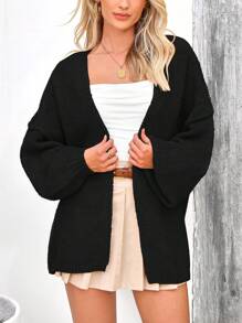Women's Oversized Cardigan Fall Long Lantern Sleeve Knit Cardigan Lightweight - 黑色 - 查看 4