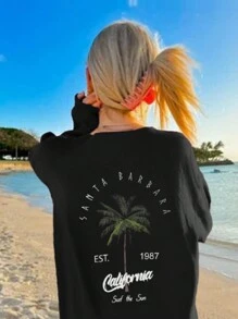 1 件女童休闲椰子树印花套头圆领运动衫，适合户外活动，秋冬季 - 黑色 - 查看 3