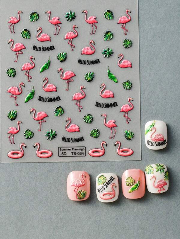 1Pc 3D Embossed Pink Bird Nails Art Stickers DIY Adhesive Sliders Nail Polish Manicure Sticker Decals