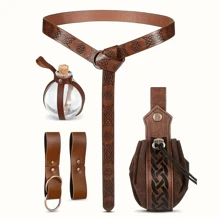 6 pièces/set Style médiéval Kate Sac imprimé gaufré, Ceinture, Flasque magique + Couverture, 2 décorations suspendues à la taille, Décoration de taille de guerrier chevalier, pour Carnaval, Accessoires de costume de scène