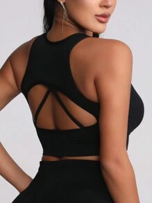 Sujetador deportivo sin costuras para mujer, Top corto deportivo cómodo y elástico con tirantes cruzados en la espalda, transpirable, ropa deportiva para yoga y gimnasio - Negro - Ver 6