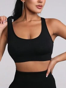 Sujetador deportivo sin costuras para mujer, Top corto deportivo cómodo y elástico con tirantes cruzados en la espalda, transpirable, ropa deportiva para yoga y gimnasio - Negro - Ver 3
