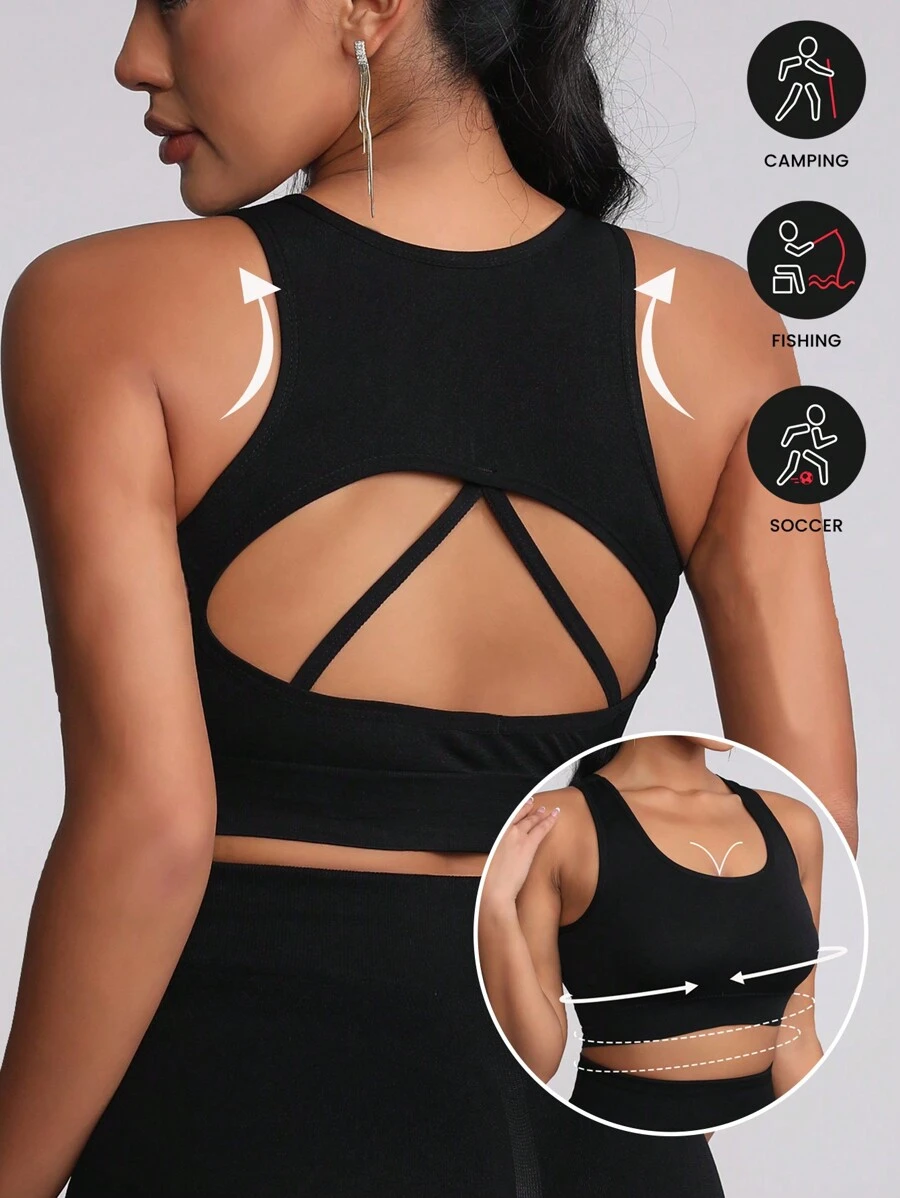 Sujetador deportivo sin costuras para mujer, Top corto deportivo cómodo y elástico con tirantes cruzados en la espalda, transpirable, ropa deportiva para yoga y gimnasio - Negro - Ver 1