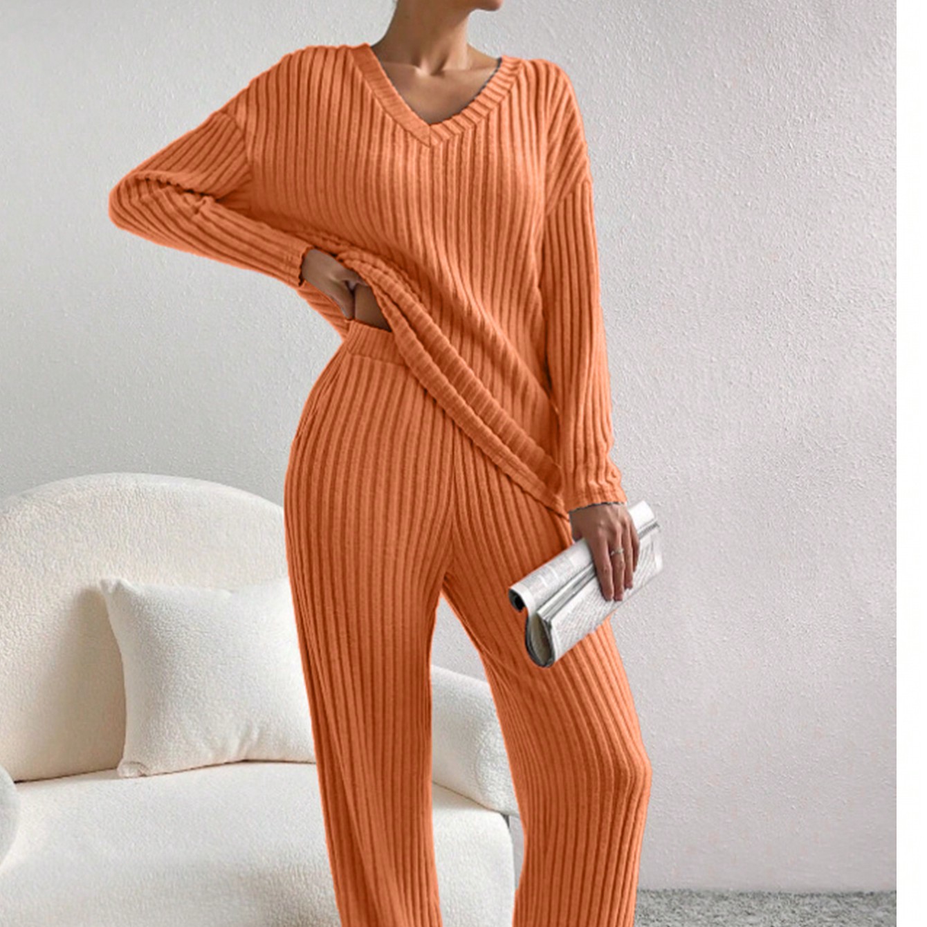Piezas Conjunto de pijama de mujer con top de manga larga escote en V + pantalones, unicolor con rayas en las axilas, conjunto de ropa de estar cómod