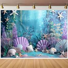 Mermaid Ocean Theme Photography Background Cloth - Purple And Blue, Sea Star And Shell Patterns, Suitable For Birthday Parties And Photo Booths, Multi Functional Polyester Decoration - Multicolor - View 5