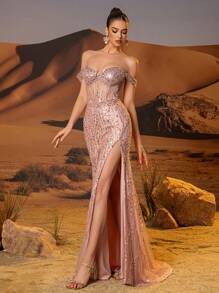 Sparkly Hand Beading Evening Dresses With High Split Off Shoulder Prom Dresses Luxury Elaborate Mermaid Formal Evening Party Gowns Semi-Sheer Boned Corset Prom Gown Zipper Back Wedding Guest Dress - 藕粉色 - 查看 6