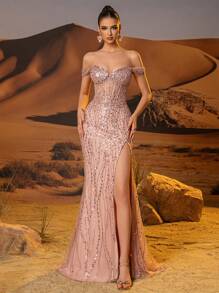Sparkly Hand Beading Evening Dresses With High Split Off Shoulder Prom Dresses Luxury Elaborate Mermaid Formal Evening Party Gowns Semi-Sheer Boned Corset Prom Gown Zipper Back Wedding Guest Dress - 藕粉色 - 查看 4