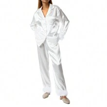 Women's Sleepwear, Feather Decoration Long Sleeve Button-Down Lapel Collar Tops + Pants Pajamas Set - 白色 - 查看 9