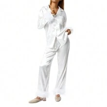 Women's Sleepwear, Feather Decoration Long Sleeve Button-Down Lapel Collar Tops + Pants Pajamas Set - 白色 - 查看 7