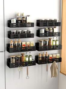 1/2 Piece Magnetic Storage Rack, Refrigerator Side Spice Rack, No Drilling Required, Multi-Function Wall Mounted Magnetic Storage Rack For Kitchen, Laundry Room And Home Use - Black - View 11