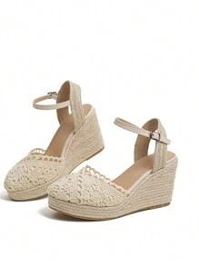 4 件装花朵装饰扣亚麻绳时尚轻便坡跟女鞋