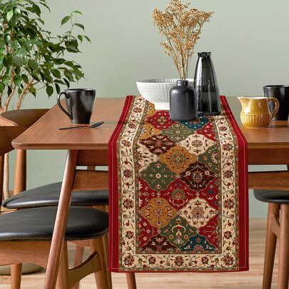1pc Hand-Painted Islamic Floral Boho Style Pattern Linen Table Runner, Suitable For Holidays, Parties, Birthdays, Dinners, Kitchen, Dining Table Decor, Dressers, Home Decor, All Season,Dining Room And Kitchen Decoration,Room Decoration,Party Decoration,Wedding Decoration
