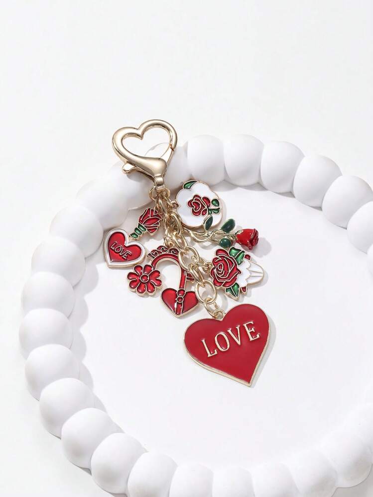 1pc Couple Heart Key Chain, Pink Heart Plate Valentine's Day Gift Valentines - Multicolor - View 4