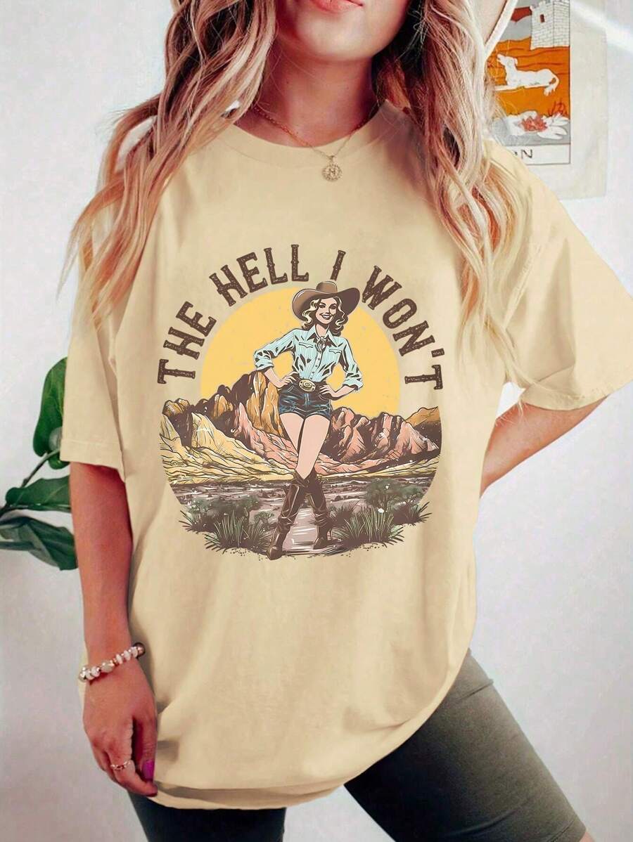 Camiseta informal con cuello redondo y manga corta con logotipo y eslogan estilo vaquero occidental, nuevo estilo para primavera y verano, para adolescentes