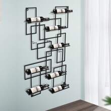 10 Bottles Wall Mounted Wine Rack Geometric Shape Wine Storage Display Case - Black - View 3