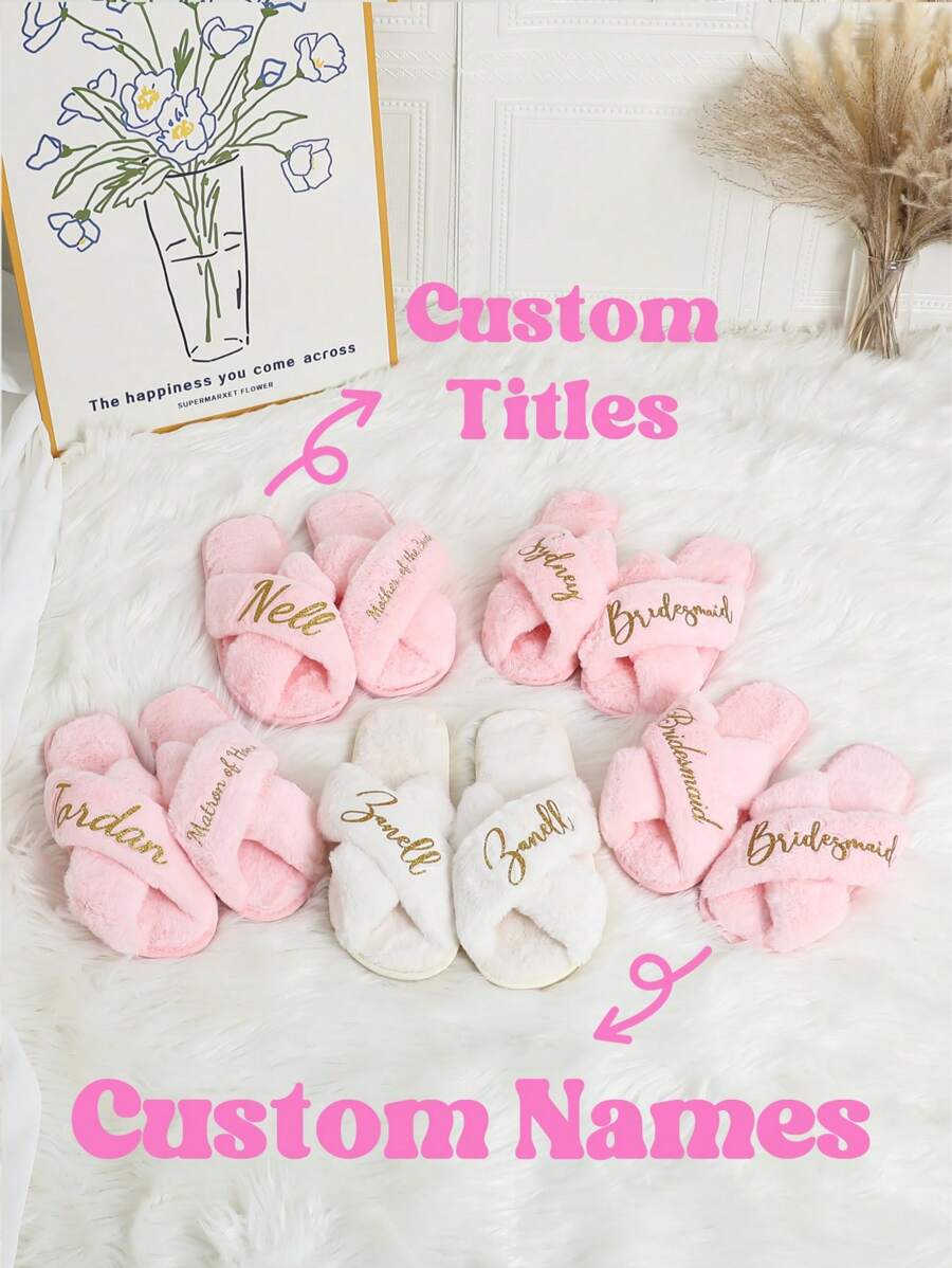 Custom Fluffy Slippers, Custom Bride Slippers, Fluffy Bridesmaid Slippers, Bride Slipper Personalized, Christmas Party Slippers, Fluffy Slippers, Bride Slippers, Fluffy Cross Pearls Slippers, Bride Gift Custom Future Mrs Slippers Wedding Slippers Matron Of Honor Slippers, Personalized Gifts, Wedding Party Gifts, Bridesmaid Proposal Gifts, Wedding Gift - Pink - View 1
