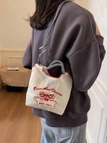 Korean Style Casual Embroidery Bow Shopping Tote Bag, Colorful Nylon Shoulder Bag With Bow - Multicolor - View 9