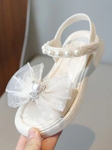 1 Pair Girls' Bowknot Rhinestone Teddy Bear Princess Sandals, Kids Casual Versatile Flat Beach Shoes, Toddler/Little/Big Kids Peep Toe Flat Sandals