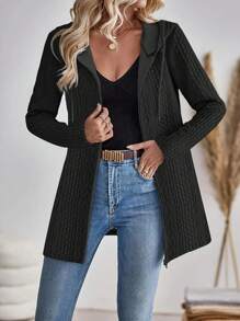 Women's Fashionable Autumn/Winter Elegant Textured Cable Knit Solid Color Zip-Up Hoodie Outerwear