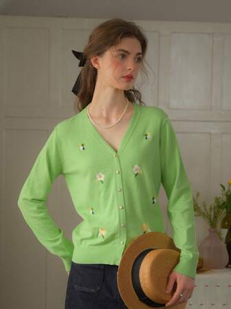 Simple Retro 女式春季休闲 V 领撞色刺绣纽扣绿色优雅复古修身长袖开衫