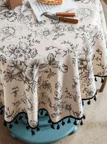 1pc Round Printed Tassel Linen Tablecloth, Suitable For Dining Room, Restaurant, Small Round Table Decoration, Home Decor, Banquet - Printing - View 7