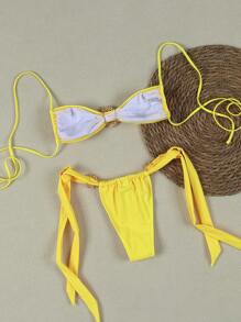 新款淺藍色貝殼裝飾比基尼套裝，優雅性感海灘度假泳裝，適合派對與約會 - 黃色 - 查看 3
