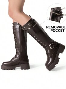 Women's Combat Riding Platform Knee High Boots, Lace Up Fall Lug Sole Gothic Motorcycle Boots With Inside Zipper - màu nâu - Xem 3