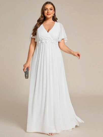 Elegant Chiffon V Neck Ruffle Sleeve Applique White Bridesmaid Dresses Formal Dresses For Evening Parties Wedding Guest Dresses