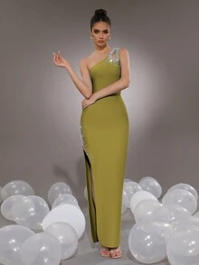 Modphy 性感女士黑色无袖水钻紧身开衩绷带长裙，优雅派对正式晚礼服 - 芥末黃 - 查看 3