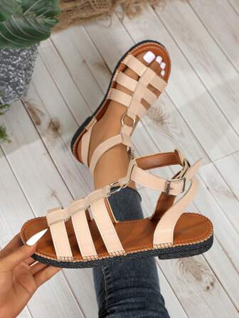 夏季新款韩版时尚罗马凉鞋，百搭休闲镂空编织鞋，复古法式软底露趾艺术设计女式户外防滑沙滩凉鞋，杏色