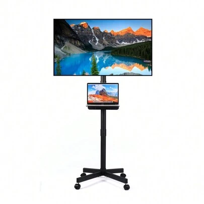 Mobile TV Stand On Wheels, Height Adjustable Tilt Rolling TV Stand With Media Shelf For 23-60 Inch LED, LCD, OLED Flat&Curved TVs, Holds Up To 55lbs, Max VESA 400x400mm