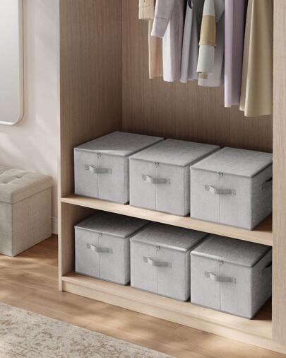  SONGMICS Foldable Storage Organiser Boxes, Set Of 6 Storage Basket Bins With Lids, Handles, Clothes Organiser, 40 X 30 X 25 Cm, Non-Woven Fabric, Grey
