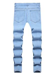 Vaqueros casuales con efecto desgastado, en color claro lavado, estilo biker/vagabundo, de corte slim fit para hombres - Celeste - Ver 2