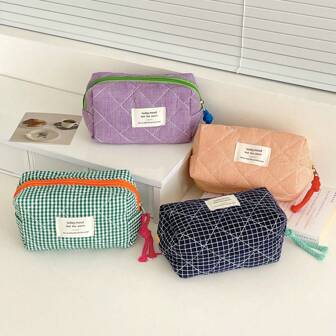 Korean Style Color Block Classic Plaid Octagonal Cosmetic Bag, Portable And Compact For Storing Girls Skincare Products Summer Travel, Vacation Home Bathroom Decor Holiday Makeup Organizer Bathroom Accessories Back To School