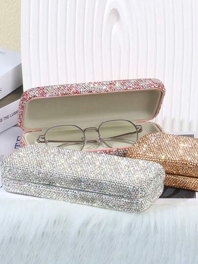 1pc Estojo de óculos de strass de luxo, caixa de armazenamento de óculos da moda, caixa de óculos de cristal brilhante, suporte de óculos de proteção, acessórios para óculos