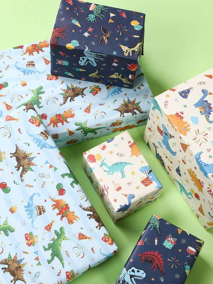 3/6Pcs Dinosaur Pattern Gift Wrapping Paper, Material Paper, Holiday Wrapping Paper, Gift Box, Book Leather, For Birthday Decoration Party Decoration, Gift Baskets, Arts & Crafts, Flower Bouquet Supplies, Flower Wrapping Paper, Gift Packaging Supplies, Handbook Material Decor, Dinosaur Theme Party Gift Decoration, Birthday Gifts Party Favor, Gift Wrapping Supplies - Dinosaur - View 1