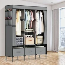 LOEFME Canvas Wardrobe Fabric Clothes Closet + Hanging Rail & 3 Storage Boxe Black/Grey - Grey - View 8