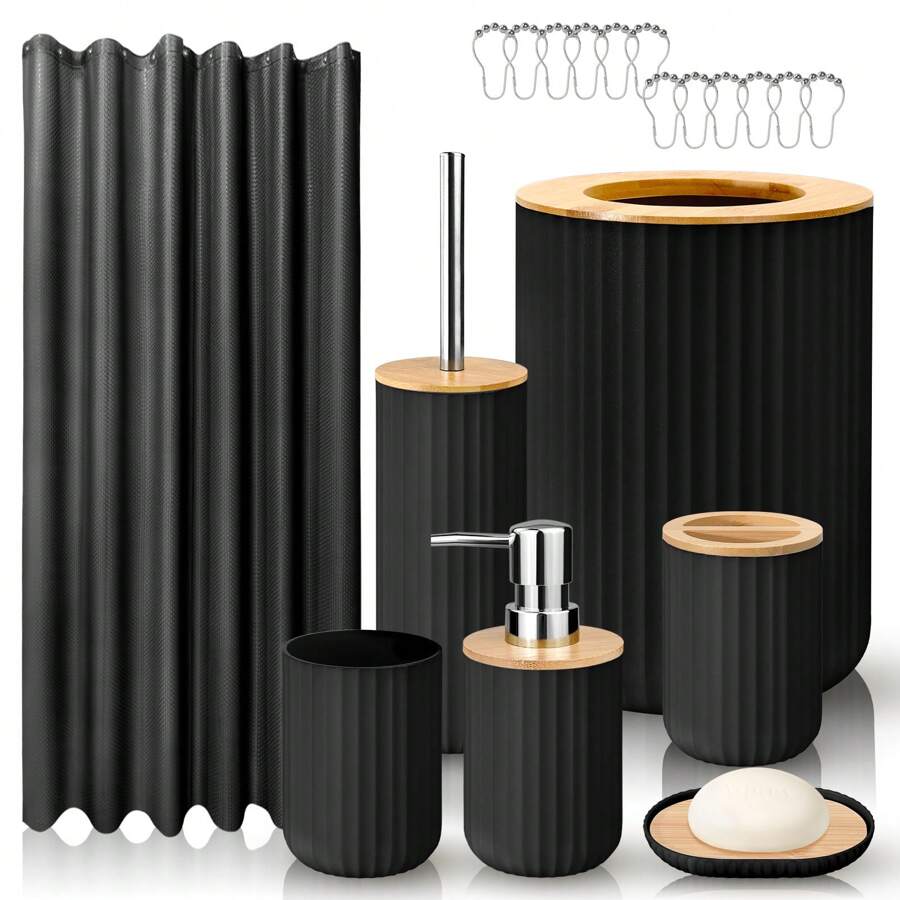 1pc Bamboo Covered Bathroom Accessory Set,8pcs Bathroom Accessories Set - Toothbrush Holder, Mouthwash Cup, Soap Dispenser, Soap Dish, Toilet Brush, Trash Can, Shower Curtain And Hook For Bathroom Supplies, Bath Set Housewarming Gift - Black - View 1