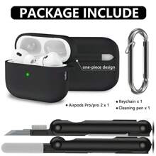 1 pieza Estuche protector de silicona de unicolor para AirPods con mosquetón de escalada y cepillo de limpieza