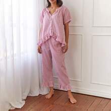 Women 2 Piece Pajama Set Plaid Short Sleeve Button Down Ruffle Tops Shirt Drawstring Long Pants Pajamas Lounge Sets Sleepwear - Pink - View 2